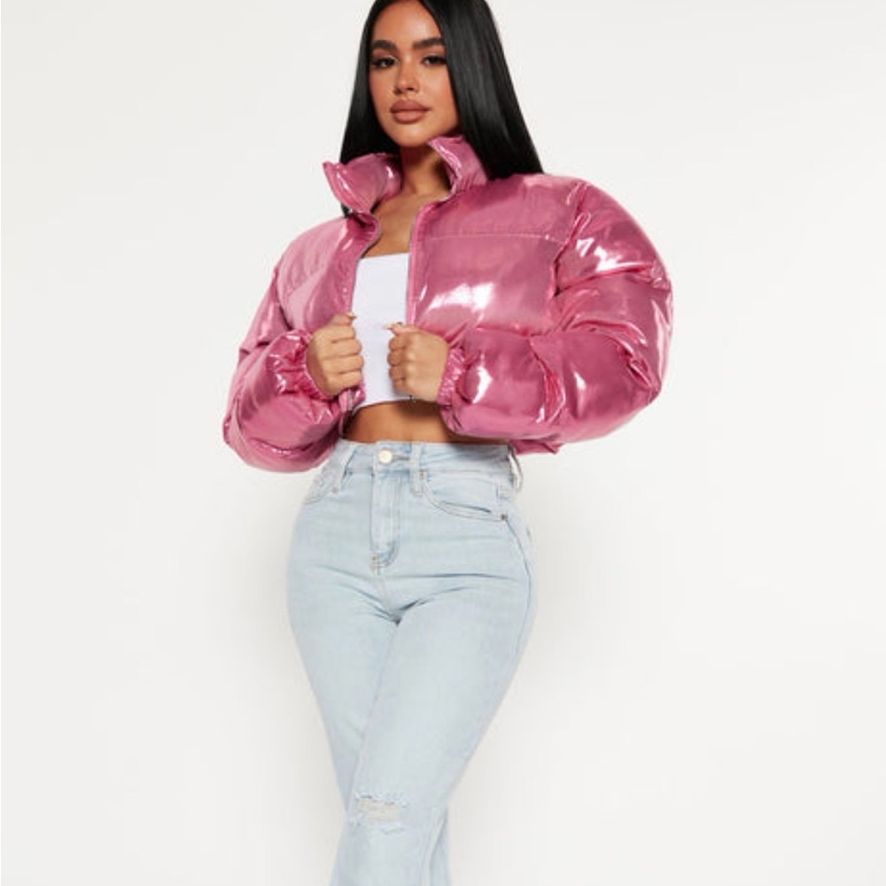Fashion Nova Glossy Pink Puffer Jacket